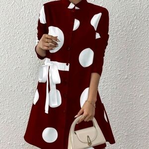 Stand Collar Polka Dot Tie-Up Buttoned Design Women Dress Burgundy Color